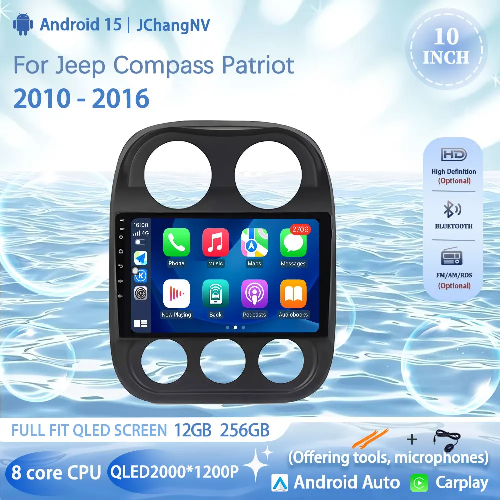 10 "أندرويد 15 مشغل فيديو راديو السيارة لسيارة جيب كومباس باتريوت 2010 - 2016 Autoradio ستيريو نظام تحديد المواقع والملاحة Carplay DSP WIFI 4G