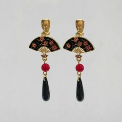 2024 Retro Cherry Blossom Fringed Ear Clips Earrings Chinese Hanfu Fan Sakura Long Tassel Clip on Earrings No Piercing for Women