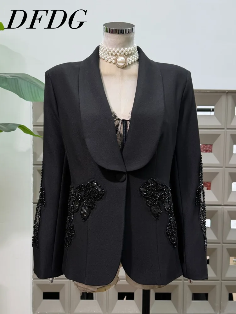 

DFDG 2025 Spring Summer Women’s Designer Blazer Sheer Mesh Beaded Applique One Button Black Elegant Office Formal Wear Coat