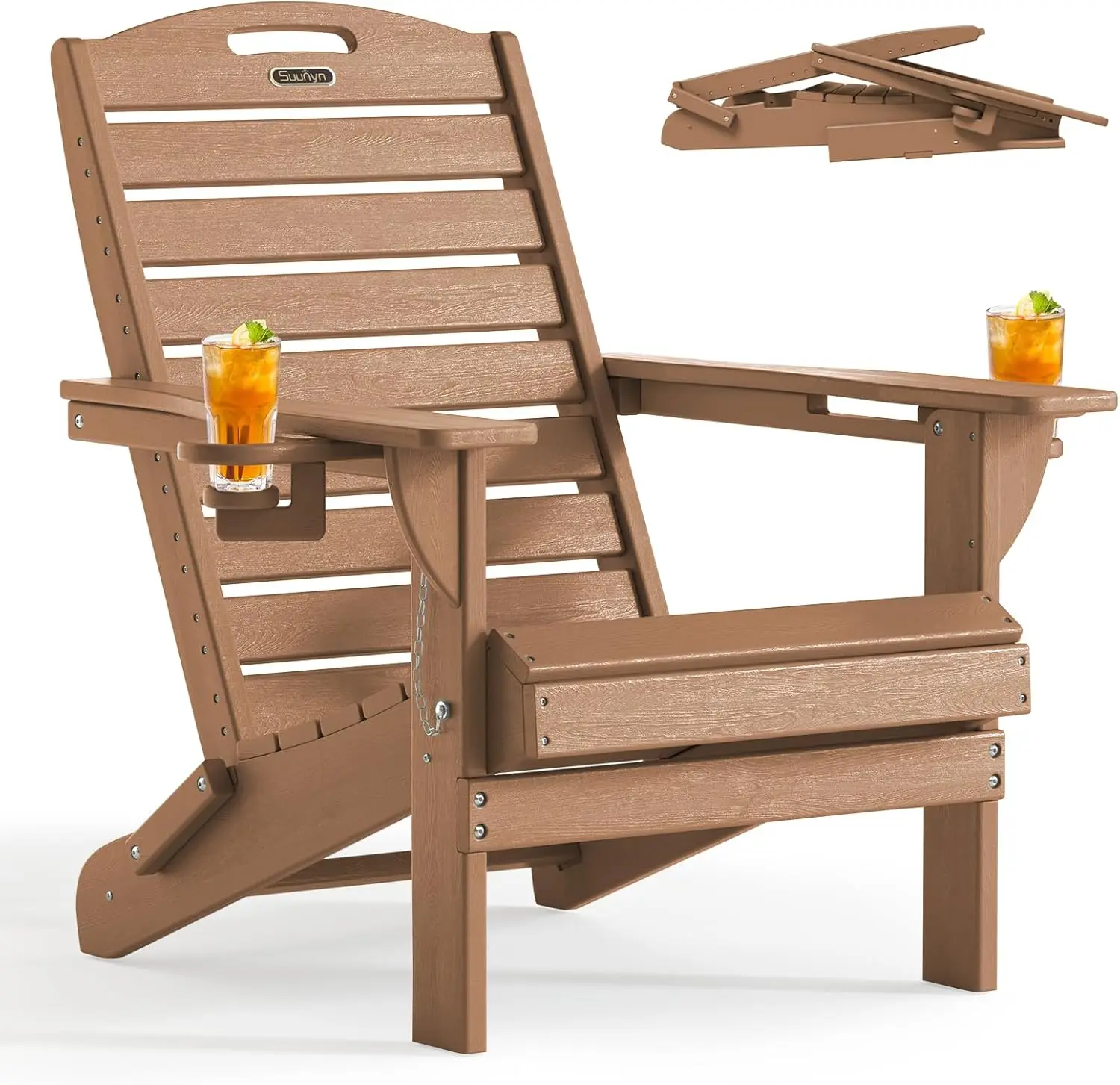 

Folding Chair All-Weather Adirondack Chairs with Cup Holder, Outdoor Fire Pit Chairs Lawn Chair for Deck Patio Garden (Teak)