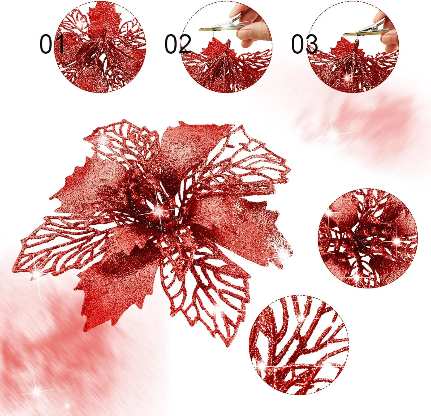 24 قطعة البونسيتة عيد الميلاد عيد الميلاد الأحمر بريق الزهور الاصطناعية مع 24 قطعة مقاطع لإكليل شجرة عيد الميلاد زخرفة ديكور الحفلات #3