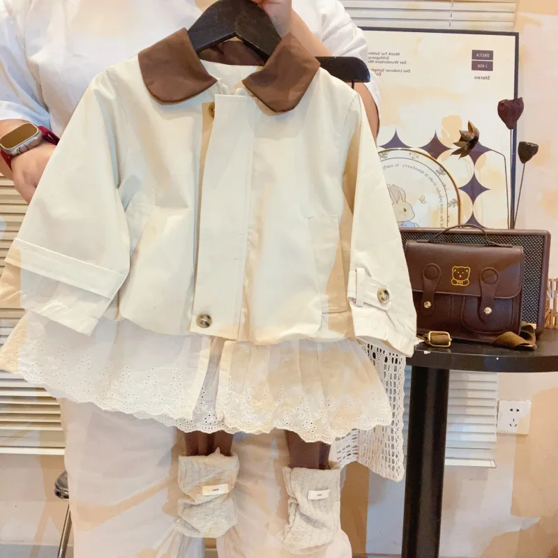 2025 Korean Girls Lace Trench Coat Jacket Leggings Set Spring and Autumn New Korean Children's and Girls' Autumn Clothes