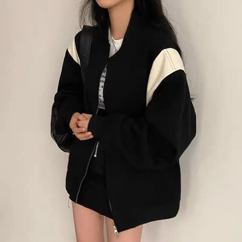 

VOLALO Oversized Bomber Jacket Women Vintage Zipper Black Patchwork Baseball Coat Female Korean Autumn Casual Loose Windbreaker