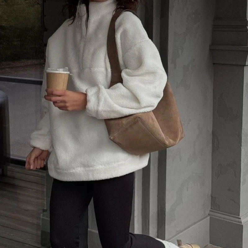 2025 Autumn and Winter Pullover Sweater Warm Solid Color Zipper Street Wind Women's Coat