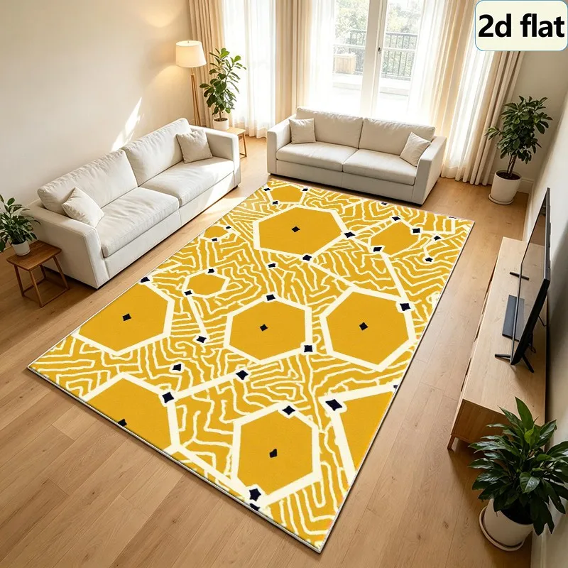 Abstract Yellow Geometric Hexagon Carpet Square Rug Non-Slip Washable Floor Mat Suitable for Office Entrance Modern Home Decor