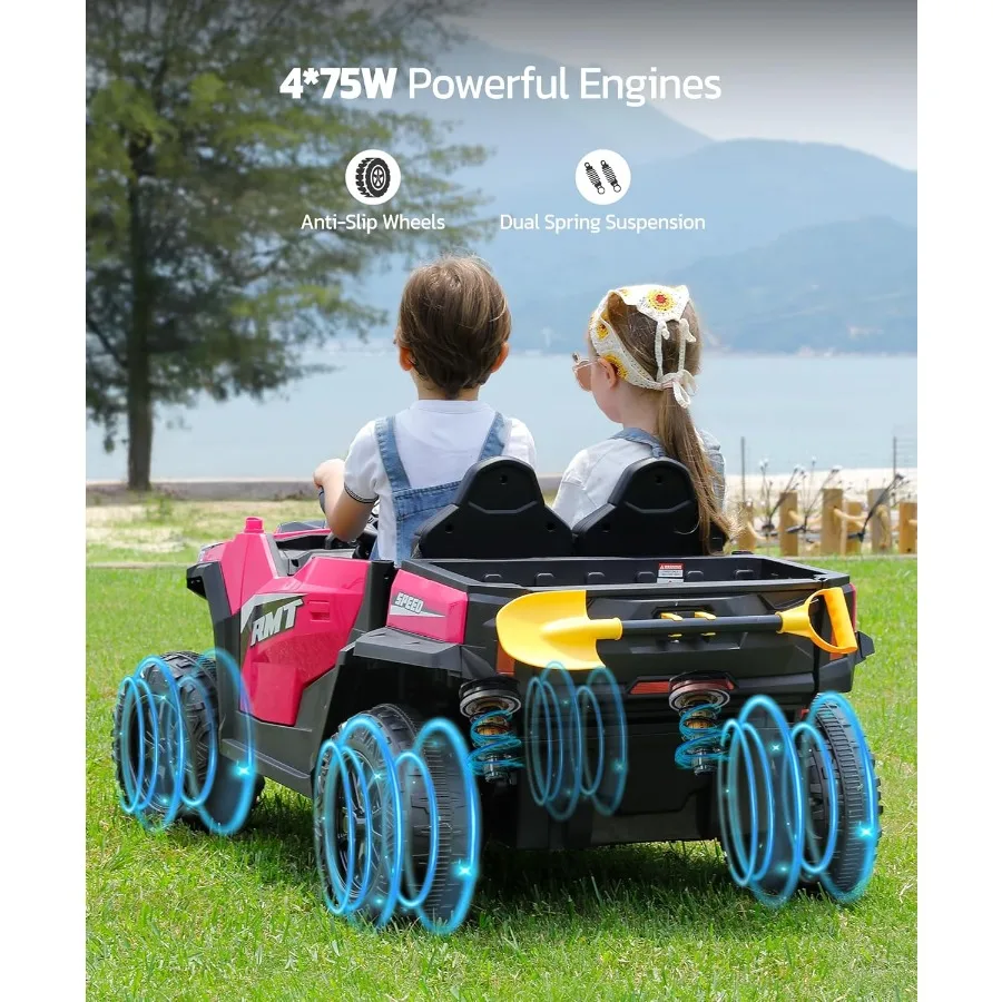 รถยนต์ของเล่นเด็กขนาดใหญ่ 24V, รถยนต์เด็กนั่งได้ 2 ที่นั่ง พร้อมหลังคาบังแดด, กระบะท้ายแบบยกได้และพลั่ว, ความเร็ว 4.5 ไมล์ต่อชั่วโมง, รถยนต์ไฟฟ้าขับเคลื่อน 4 ล้อสำหรับเด็ก, รถยนต์แบตเตอรี่พร้อมรีโมท