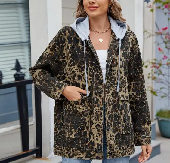 

Autumn New Fashion Leopard Print Hooded Denim Jacket for Women's Casual High Street Style with Large Pockets Denim Jacket