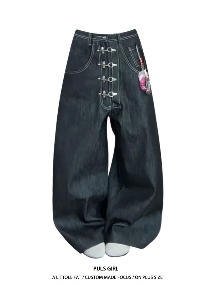 

Large Size American Street Style Distressed Metal Button Denim Jeans Women's High Waist Knife Wide Leg Long Pants