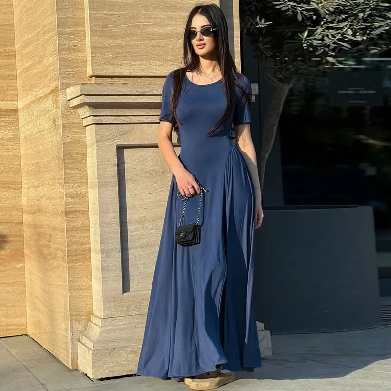 

Осеннее сексуальное вечернее платье макси с коротким рукавом для женщин, модное однотонное плиссированное вечернее платье с круглым вырезом и высокой талией, длинные женские платья