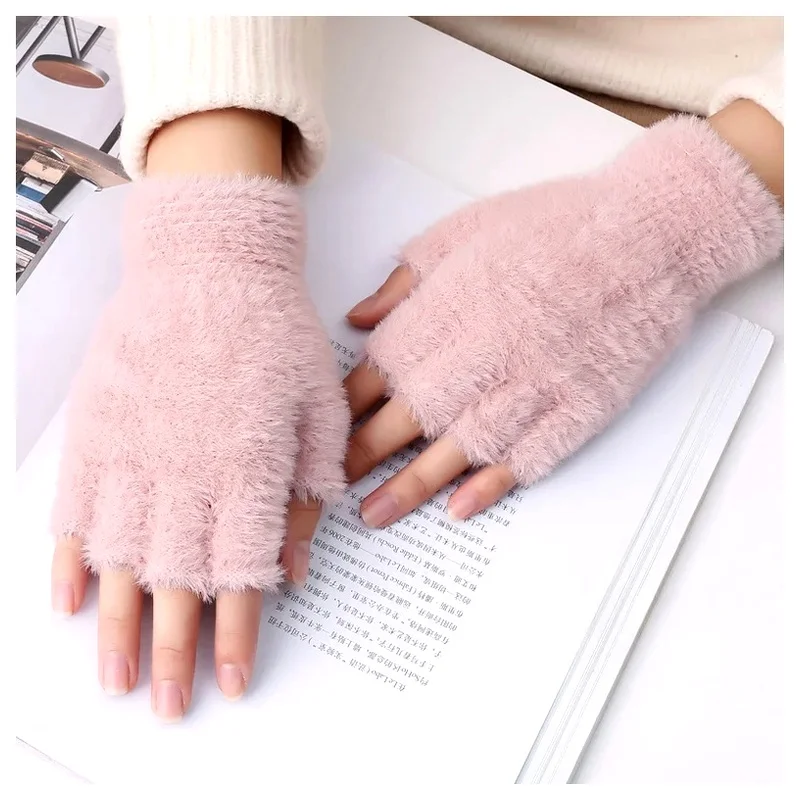 Imitation Mink Cashmere Touch Screen Writing Woolen Warm Half Finger Gloves Mittens Winter Driving Outdoor Sports for Women Men