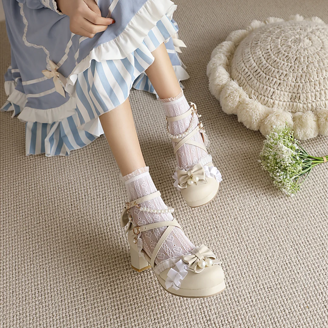 Harajuku Japanese Fashion Lolita Princess Shoes Large Size Bow Students Pearl Toe Girls Birthday Gift Spring Autumn Many Colors