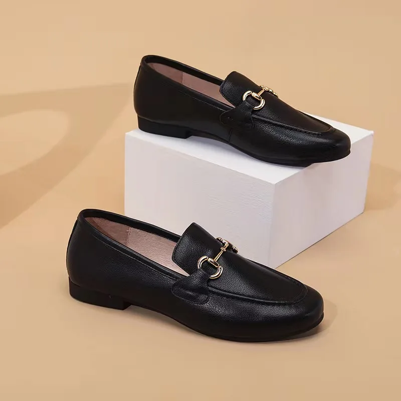 Square Toe Leather-Shoes British Style Low-Top Single-Shoes Autumn New Metal Buckle Korean Version Patent Lea