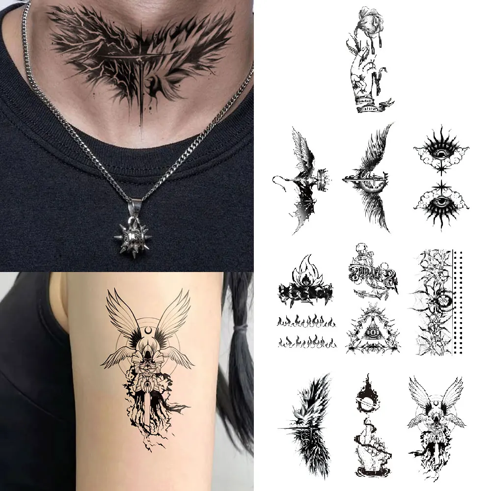 

10 шт. водонепроницаемых временных татуировок: темные пламенные свечи, пауки, ангельские крылья, викинги. Боди-арт для рук, фальшивые татуировки-рукава для женщин и мужчин.