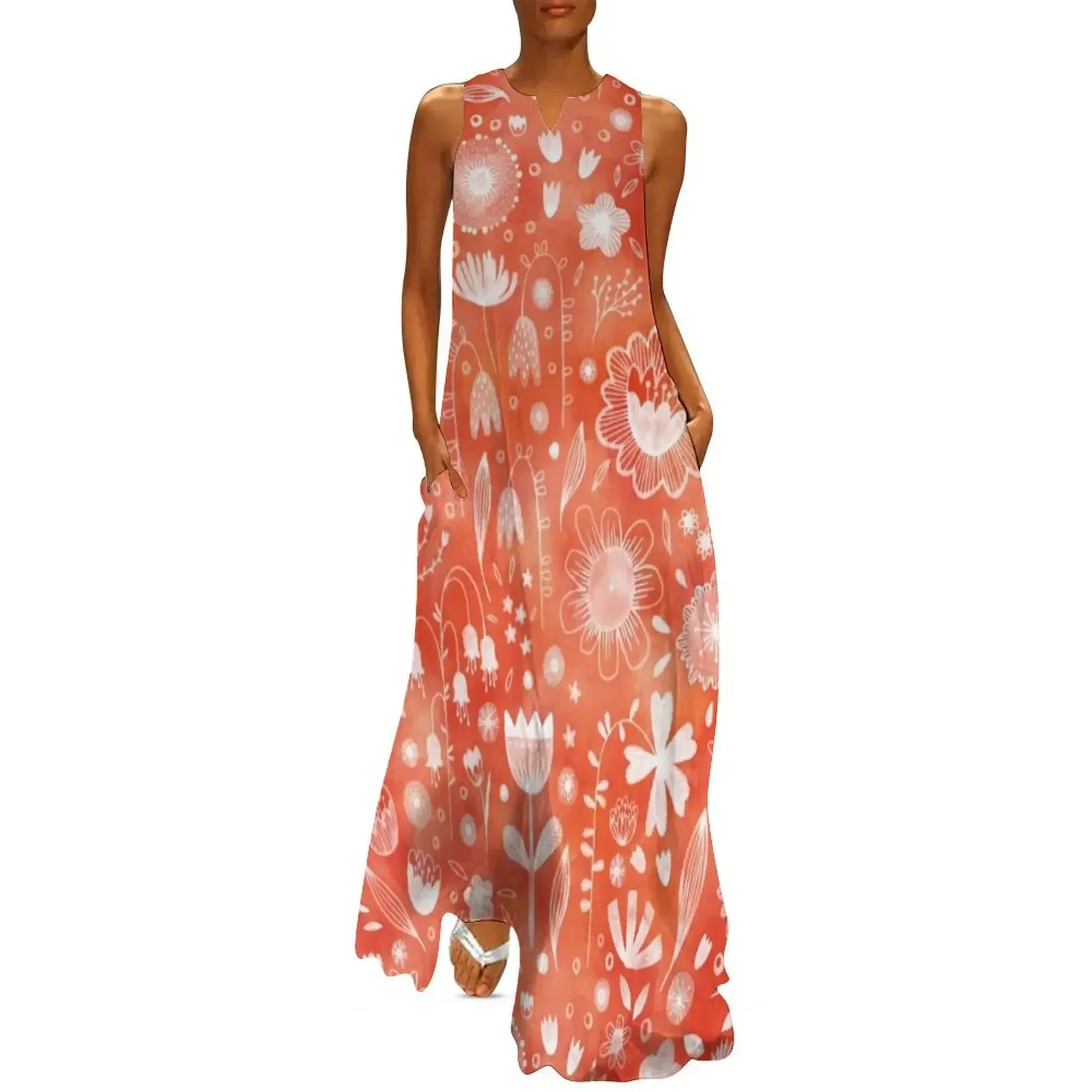 

White Flowers on Coral Long Dress summer dress woman 2025 trendy women evening dress long sleeve