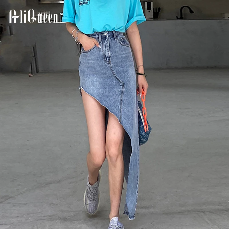 2023 Summer Sexy Women Chic Beveled Triangle Asymmetric Long Jeans Skirts Irregular Frayed Demin Skirts Womens Streetwear