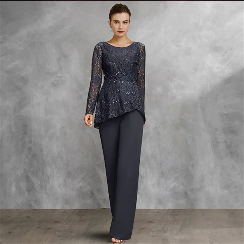 

Брючный костюм из двух предметов для матери невесты, официальный свадебный гость, церковь, элегантный круглый вырез, длина до пола, шифоновое кружево, длинный рукав
