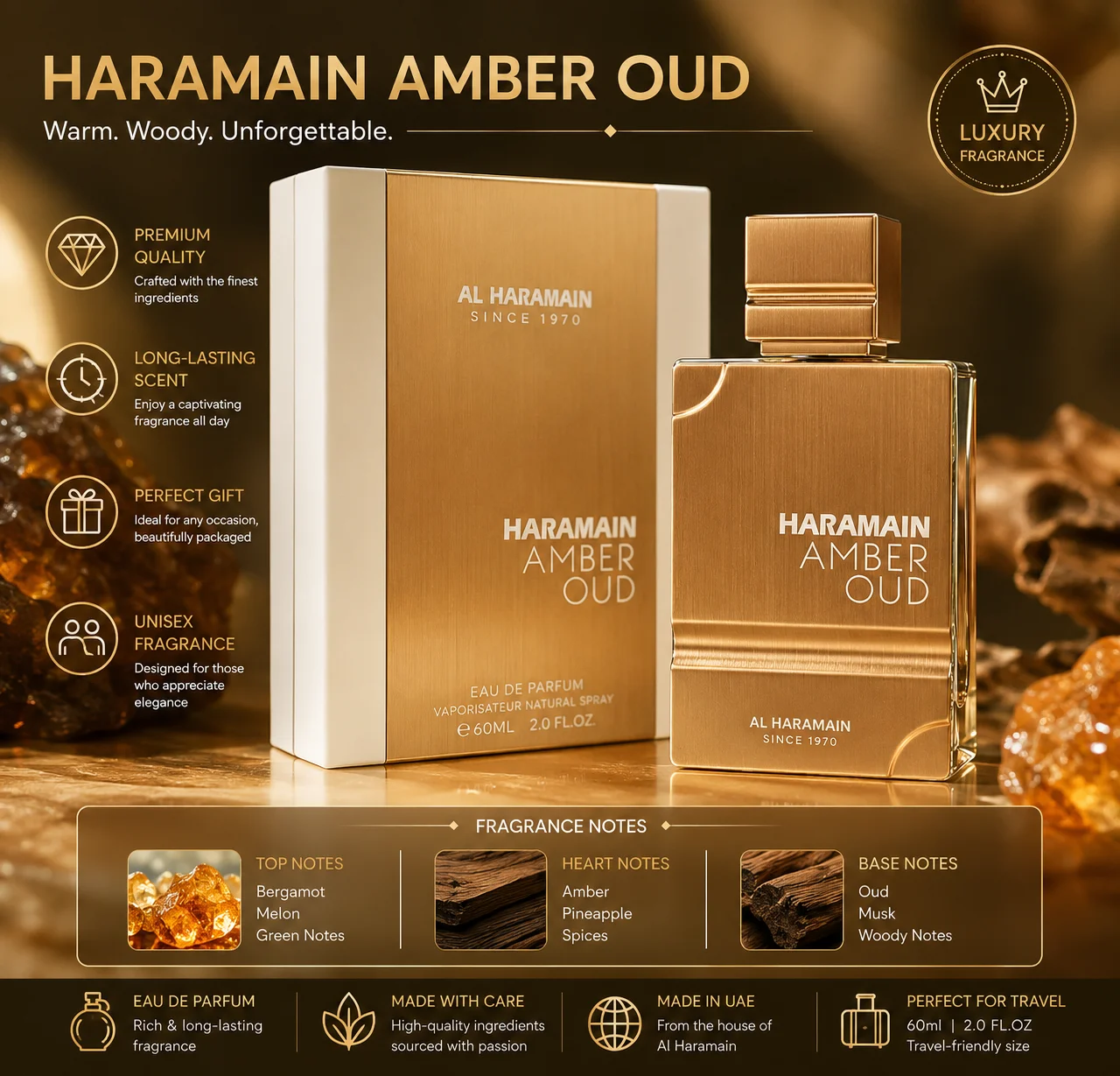 

Al Haramain Amber Oud Perfume Long Lasting Woody Amber Fragrance Luxury Arabian Cologne Unisex Gift Box