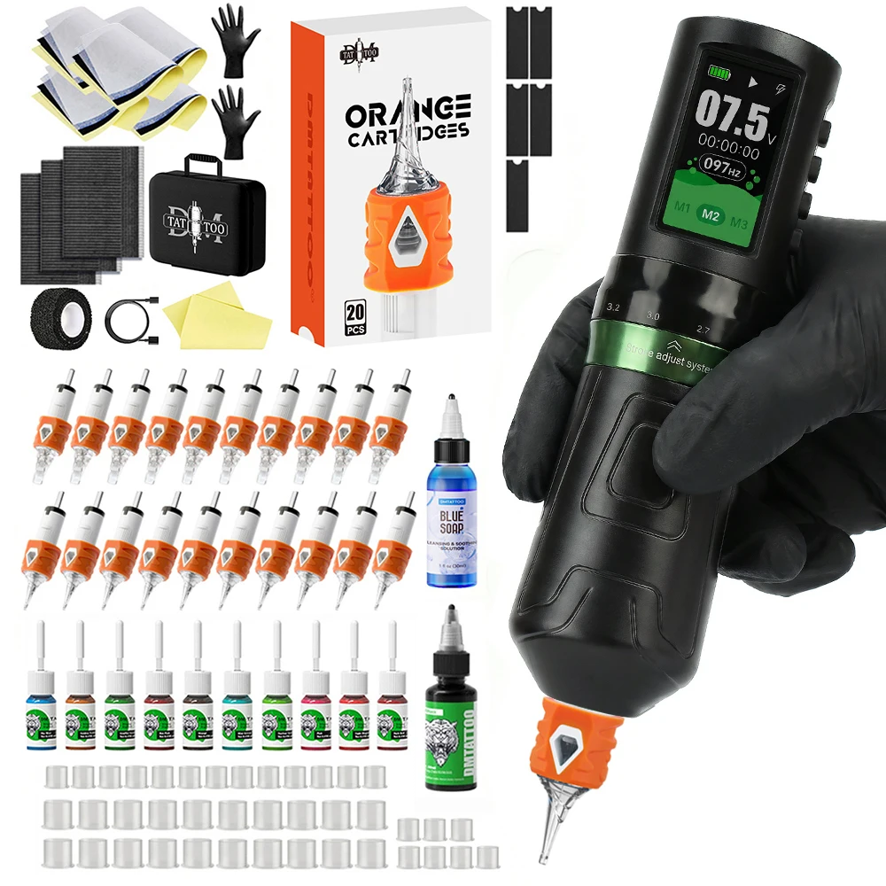 DM Tattoo Kit Greenior Wireless Adjustable Stroke Tattoo Pen 1800mAh Battery Permanent Makeup With Tattoo Blue Soap Tattoo Ink