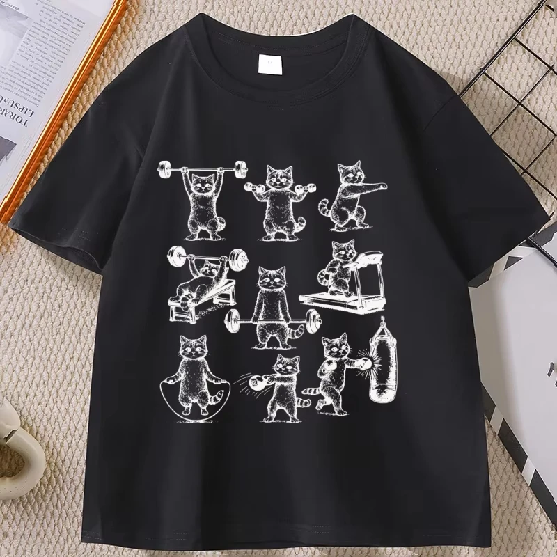 Funny Cats Gym T Shirt  Women Cat Workout T-Shirt Weight Lifting Gym Cat Tee O Neck Short Sleeve Tee ShirtClothing