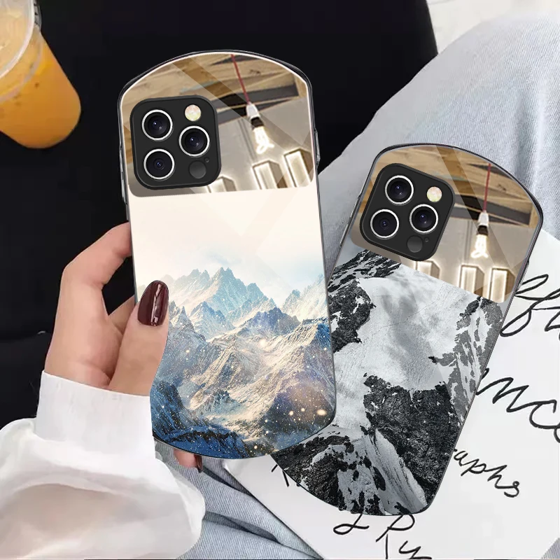 

Snow mountain scenery For iPhone 16 15 14 13 Plus 12 mini 11 Pro Max XR Xs X 7 8 22 16ProMax Half mirror elliptical phone case