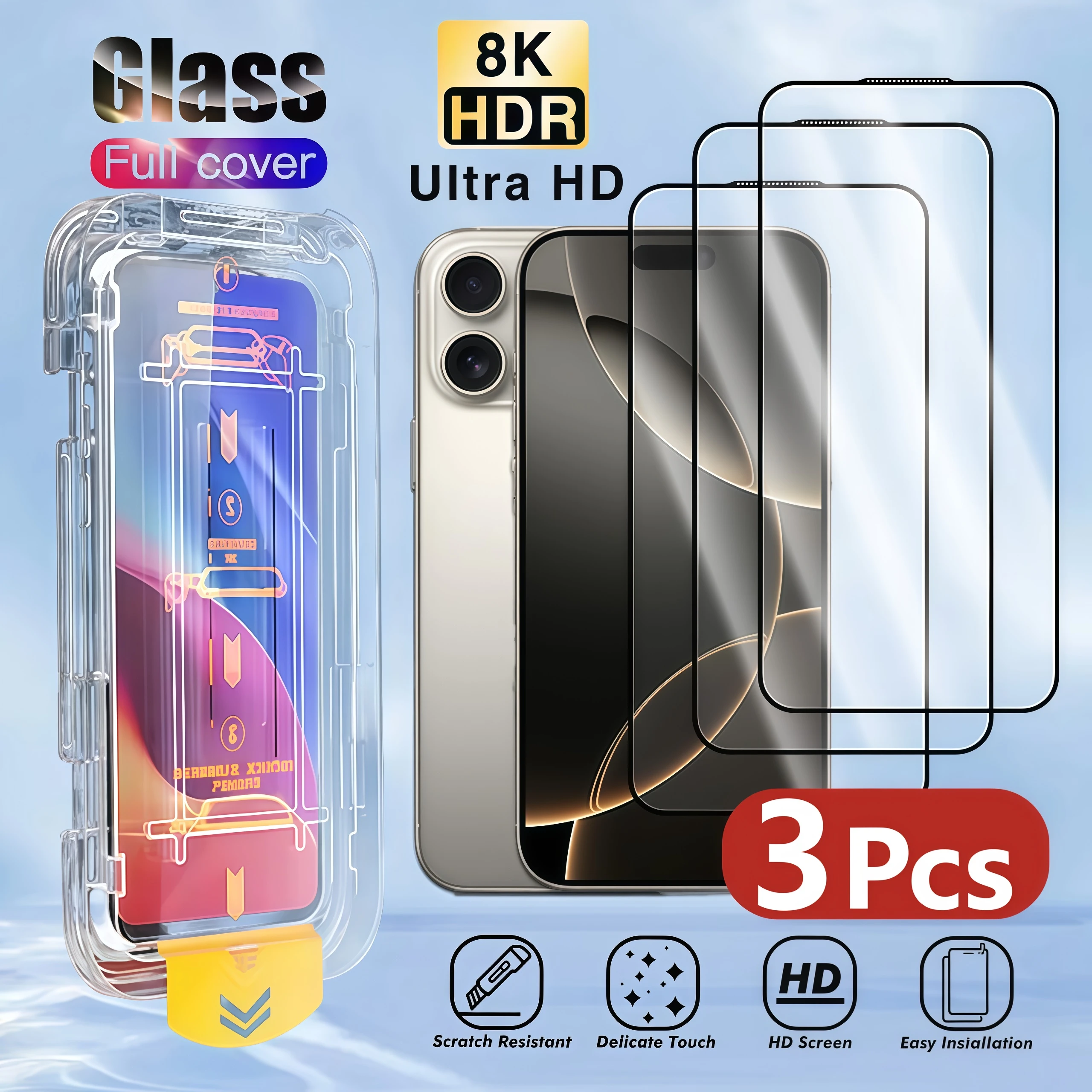 3 قطعة HD حامي الشاشة آيفون 16E 16 15 14 13 12 11 برو ماكس ميني 6 7 8 زائد X XS ماكس XR الغبار تركيب الهاتف الزجاج
