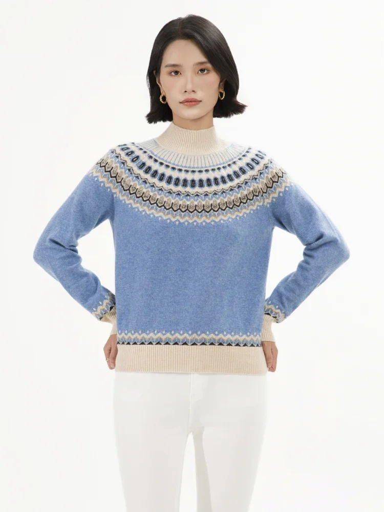 Vintage Autumn Winter Women Mock Neck 100% Cashmere Pullover Sweater Knitwear Soft Warm Jacquard Fair Isle Basic Inside Join Top