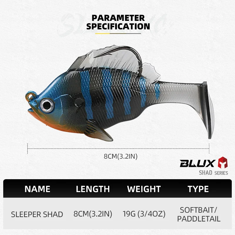 BLUX SLEEPER SHAD Gill Bottom Fishing Lure 8cm 19g Lead Head Hidden Hook Soft Bait Swimbaits Fish Jig Paddle Tail Pike Bass Gear