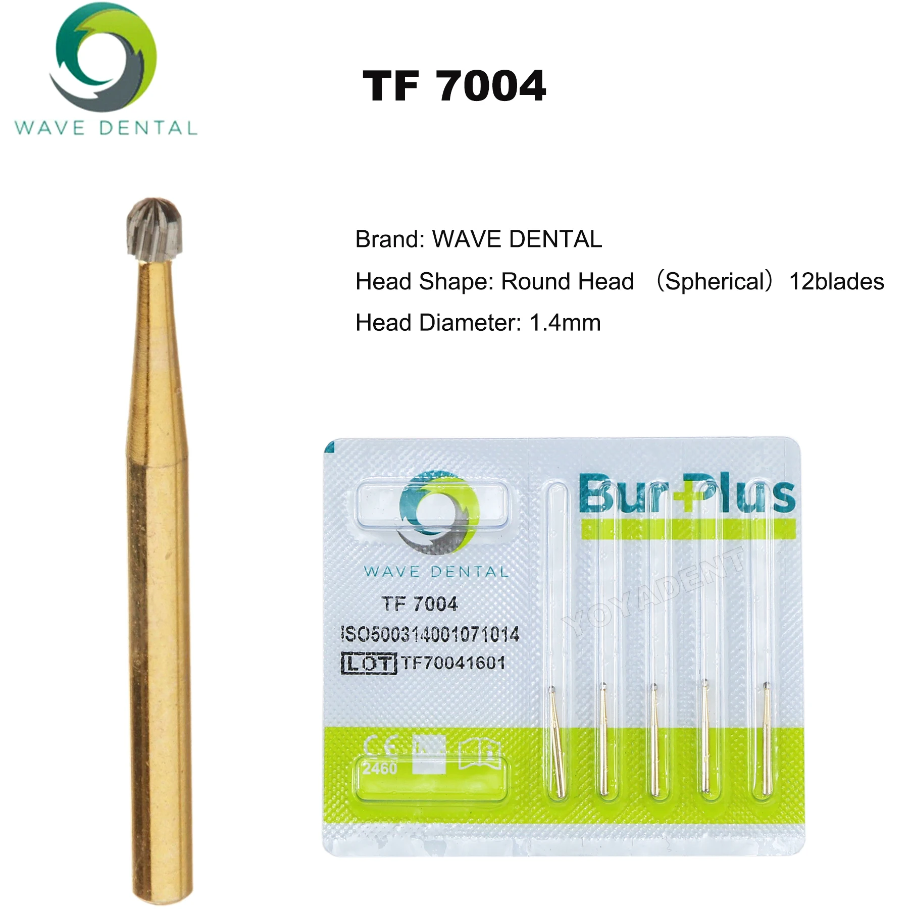 WAVE Dental-Wolframkarbid-Bohrer, vergoldet, Hochgeschwindigkeits-Verfeinerungsbohrer, 12 Klingen, TF-Serie für Hochgeschwindigkeitshandstücke, 5 Stück/Packung