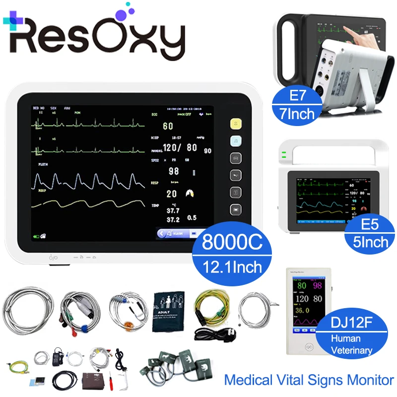 Resoxy-Monitor Digital de signos vitales, Monitor médico portátil recargable humano/veterinario para ECG/NIBP/TEMP/RESP/SPO2, 12,1/7 pulgadas