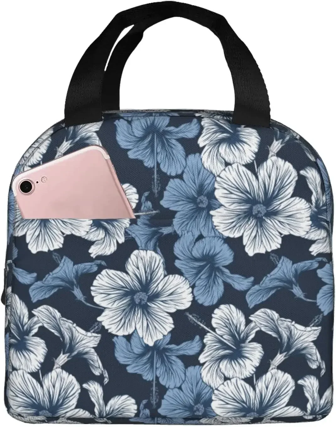 Hawaiian Tropical Floral Hibiscus Flowers Lunch Bag Small Insulated Lunch Box with Front Pocket Kawaii Lunch Bags for Girls Boys