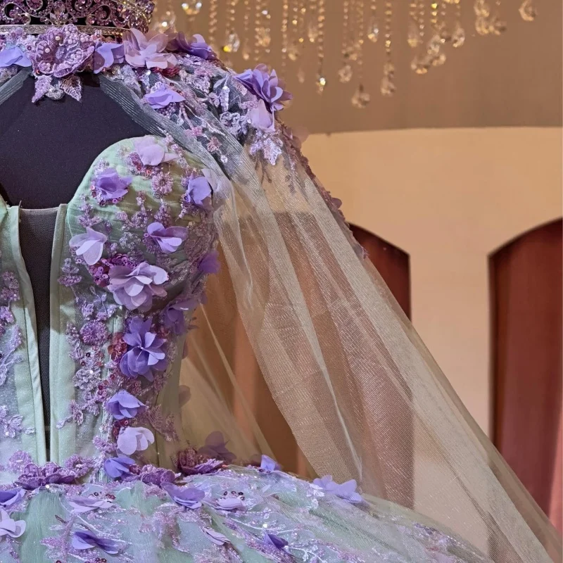 Vestidos de quinceañera verde menta personalizados, apliques con hombros descubiertos, cola larga de tul, Vestido de flores 3D, 15 quinceañeras