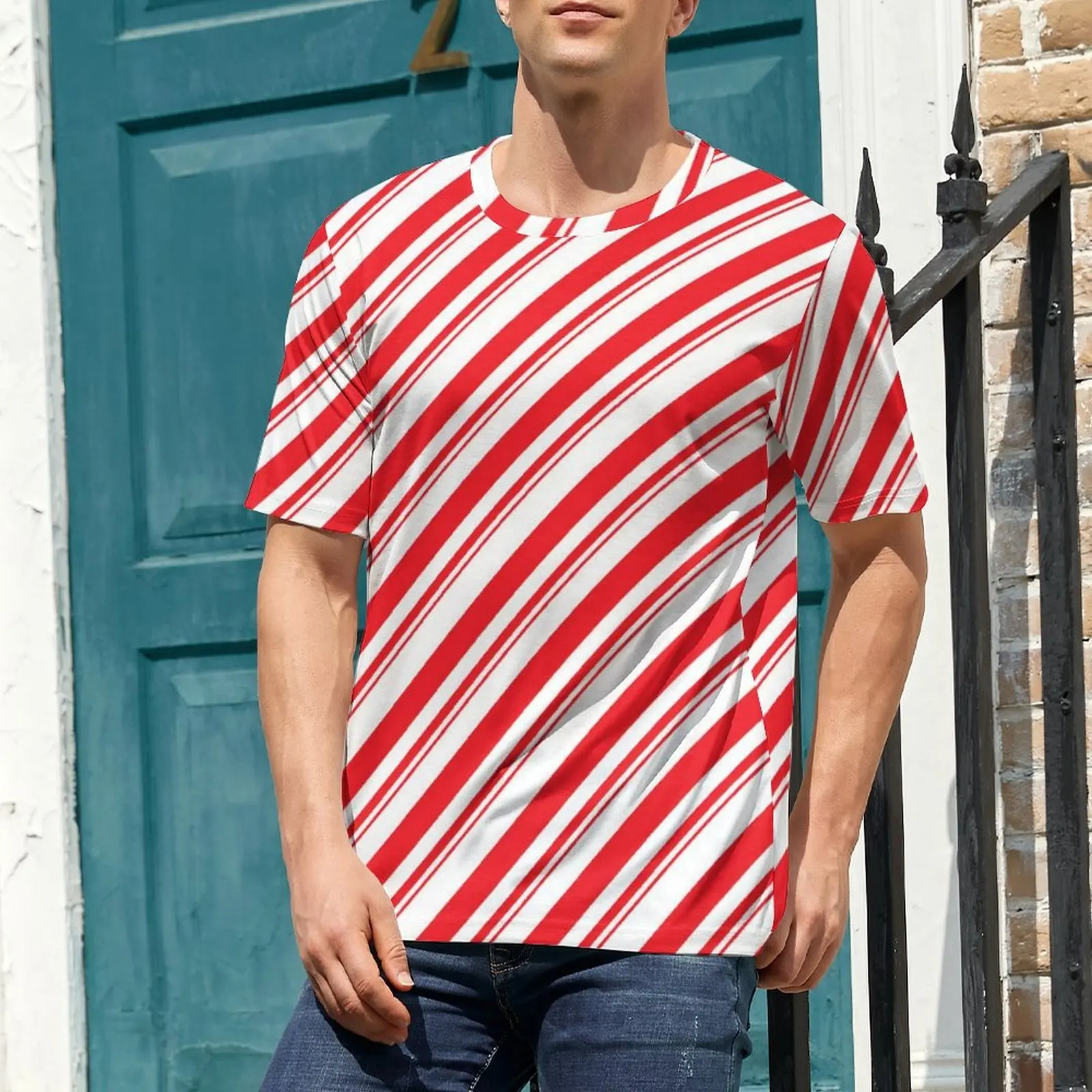 Red And White Striped T Shirt Straight Lines Retro T Shirts Man Awesome Tshirt Summer Short Sleeve Printed Tees Plus Size 6XL