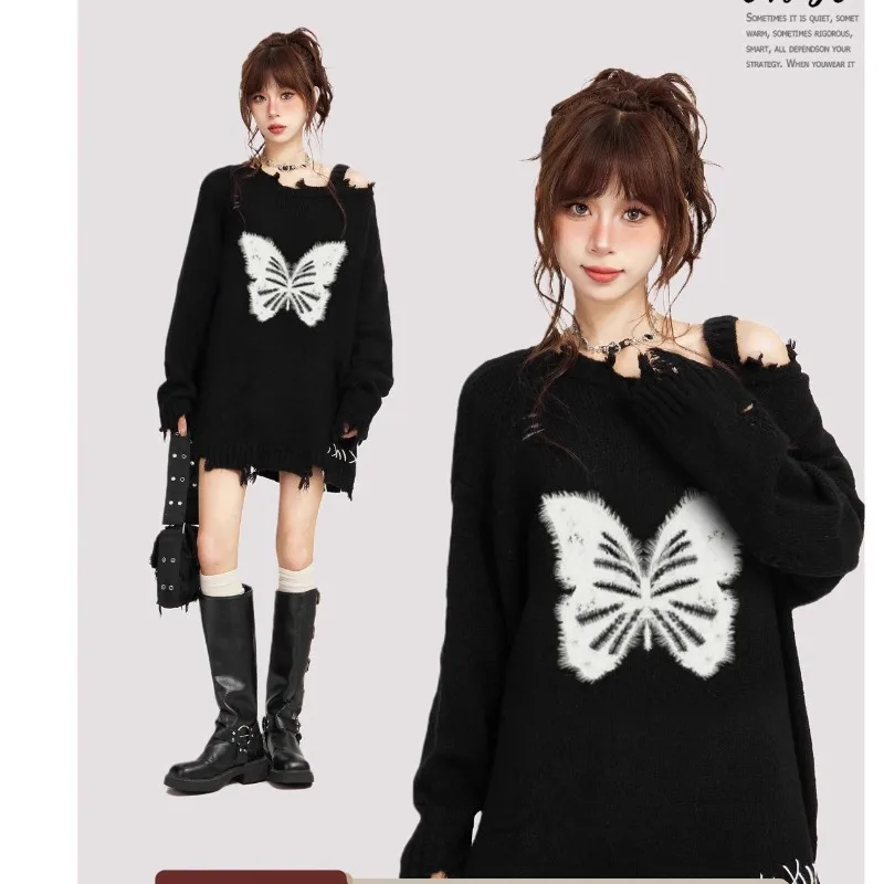 O-neck Off Shoulder Knitting Pullovers Women Autumn Winter Fashion Butterfly Hole Sweater Casual All-match Trend Knitwear Tops