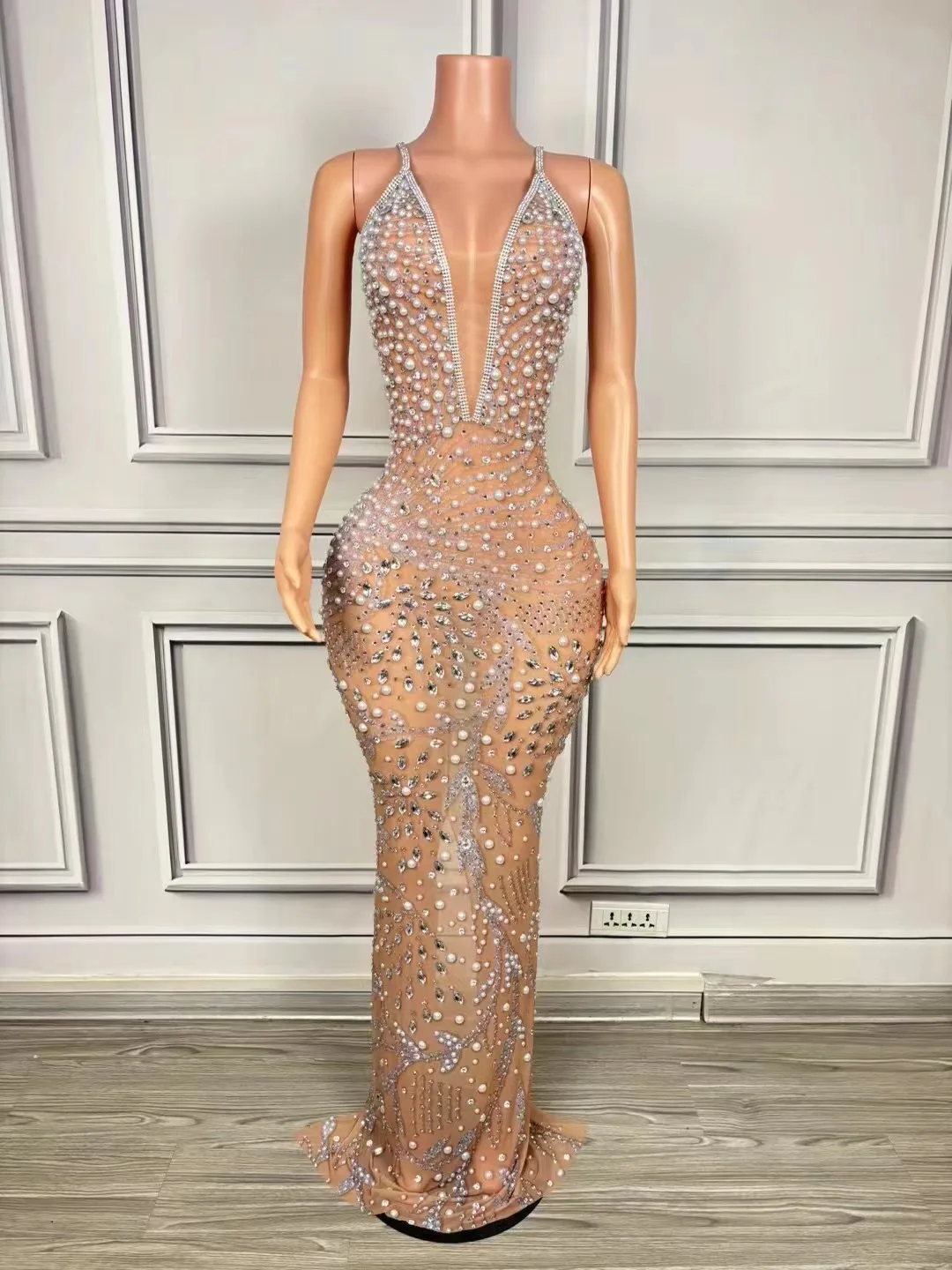 크리스탈 시스루 백 슬릿 원피스, 이브닝 파티 공연 코스튬, 나이트클럽 가수 무대 착용, 섹시한 럭셔리 진주 라인스톤