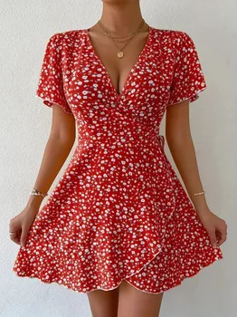 שמלת A-line מודפסת סקסית לנשים, קיץ, V-Neck, שרוולים קצרים, שמלות מיני