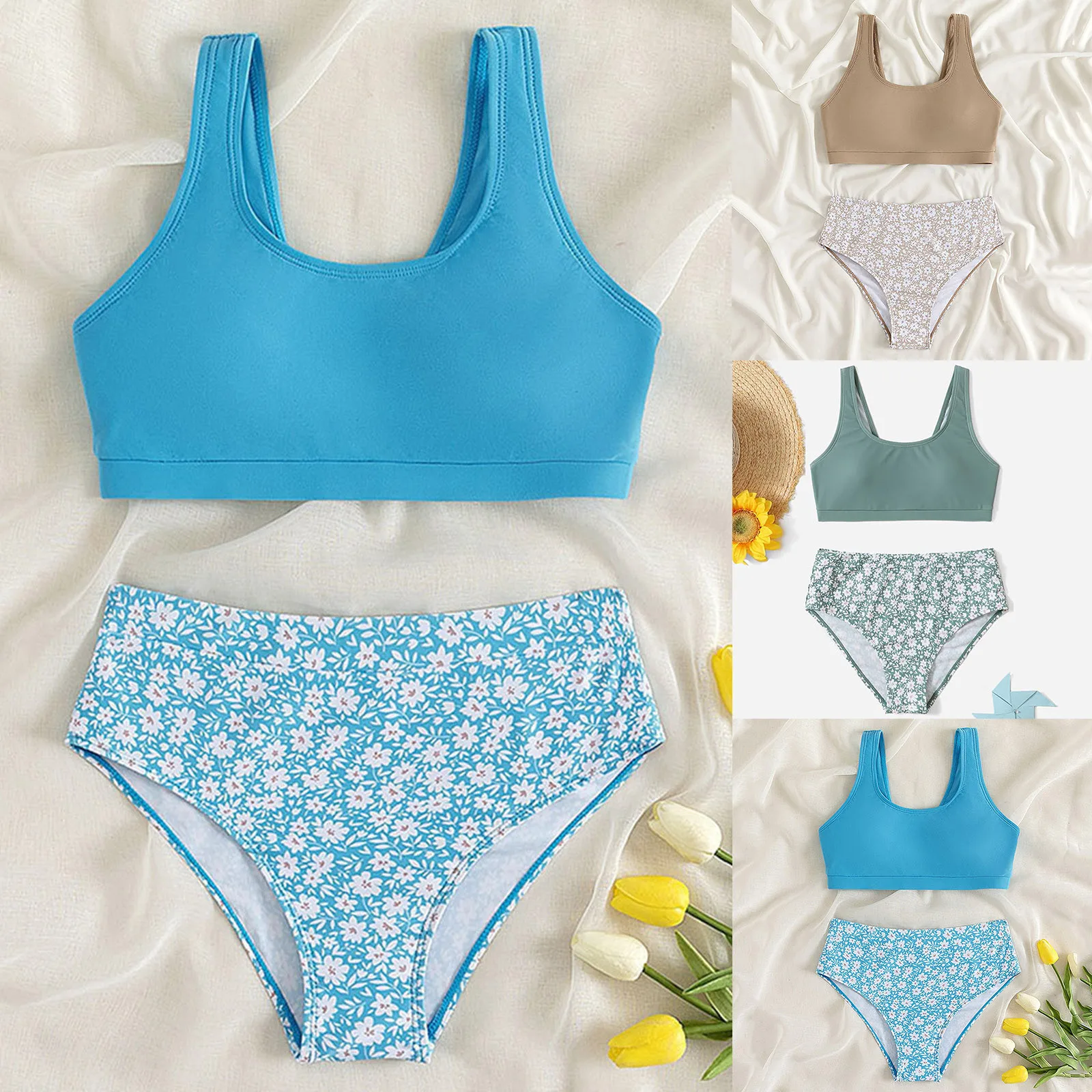 

Toddler Girl 2 Piece Swimsuit Sport Floral Prints High Waist Bikini Set Swimwear Beach Bathing Suit Girls Cute Bathing Suit