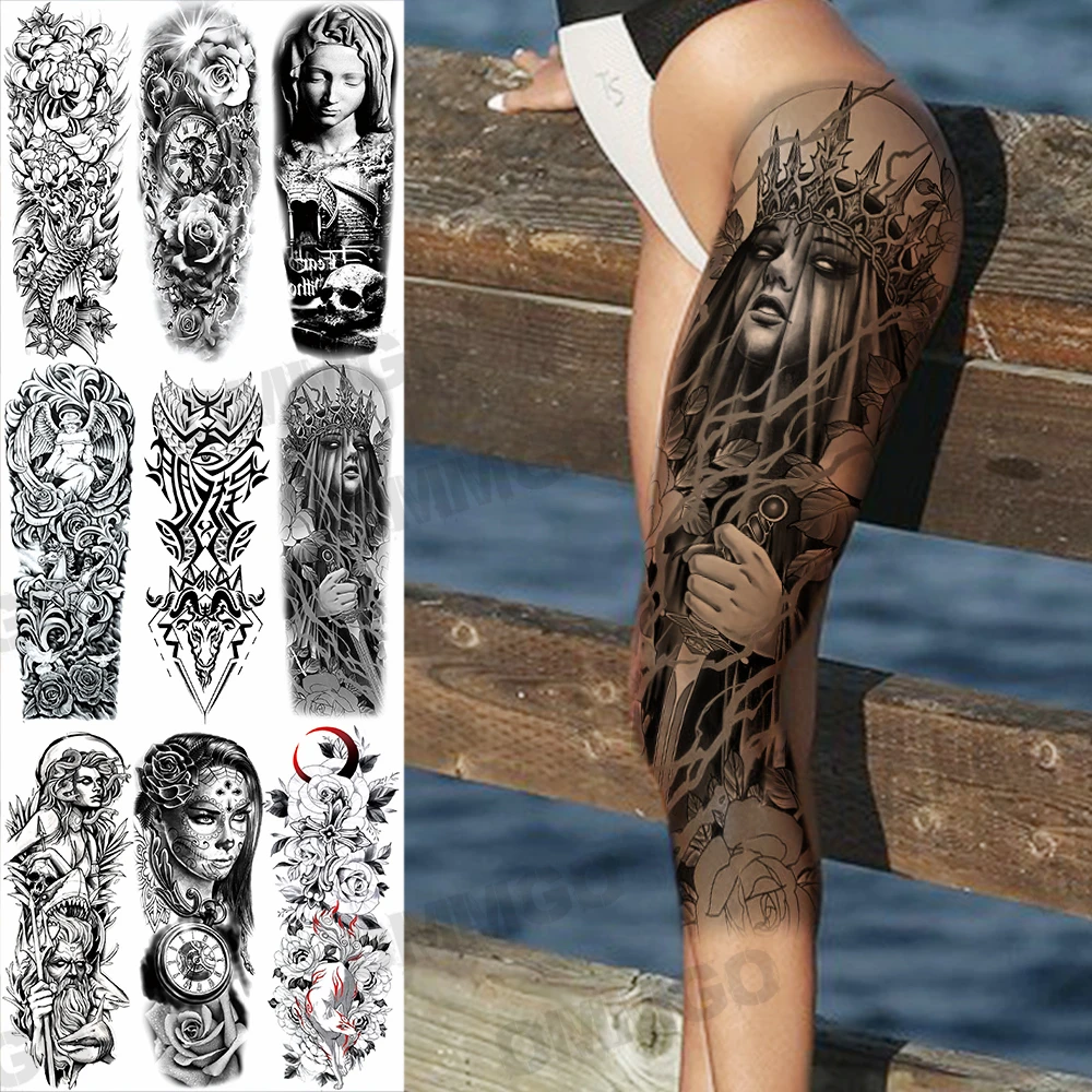 Black Witch Crown Temporary Tattoos For Women Adults Realistic Nun Crown Fake Tatoos Thigh Water Transfer Tattoo Sticker Big