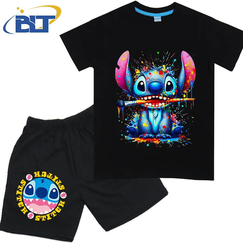 Disney spray paint stitch print kids T-shirt set pure cotton short-sleeved shorts 2-piece set for boys and girls