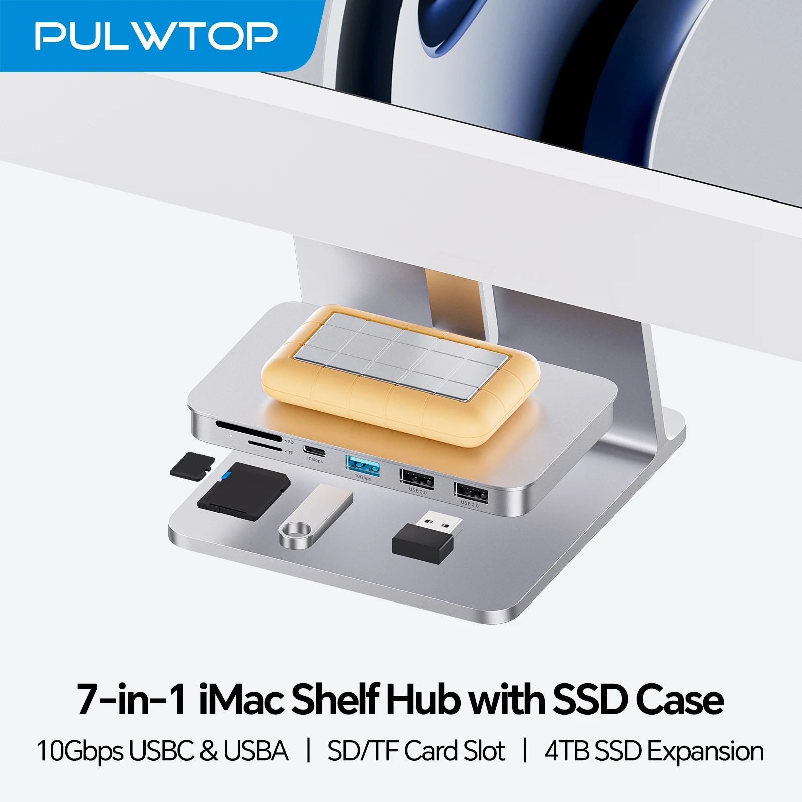 PULWTOP Hub iMac z obudową na dysk M.2 NVMe SSD, USB A/C 10 Gbps, SD/TF dla iMac24 M1/M3/M4 lub Studio Display 27 cali