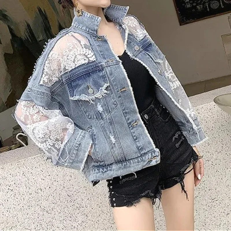 

Denim Jacket Women Coat Vintage Embroidery Lace Y2k Turn Down Collar Single Breasted Washed Streetwear 2025 Autumn Outerwear