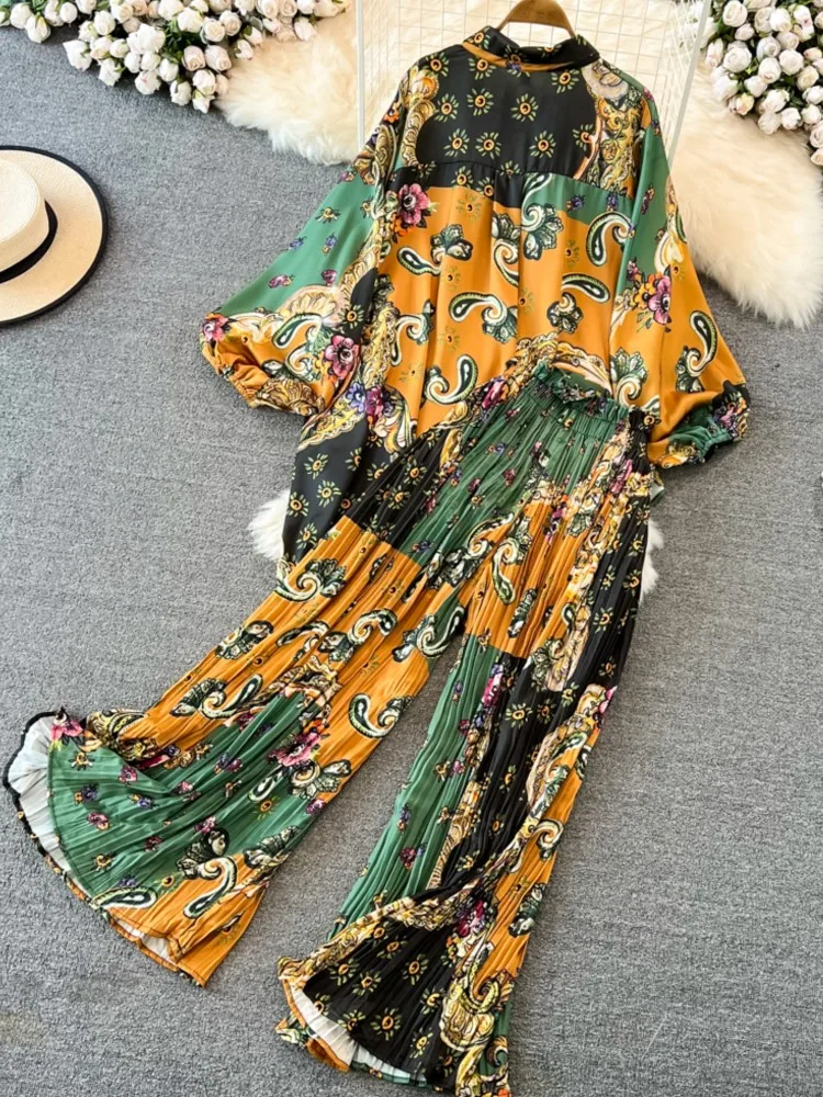 Autumn Women Print Casual Loose Sweatsuit Lantern Sleeve Elegant Shirts Tops Wide Leg Trousers Suit New Fashion Female Tracksuit