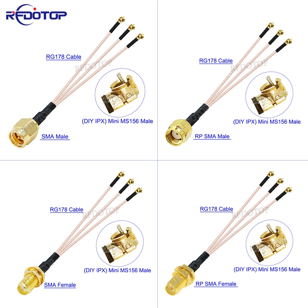 1Pcs RG-178 SMA Male/Female to IPX DIY Mini MS156 Male Connector 1 to 3 Y Splitter Cable Pigtail WIFI Antenna Extension Jumper