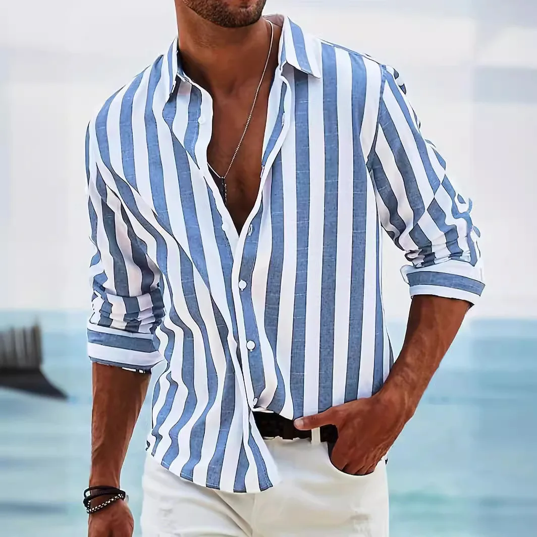 Men\'s Cardigan Shirt Cotton And Linen Striped Beach Holiday Lapel Casual Loose Breathable Comfortable Long-Sleeved Tops