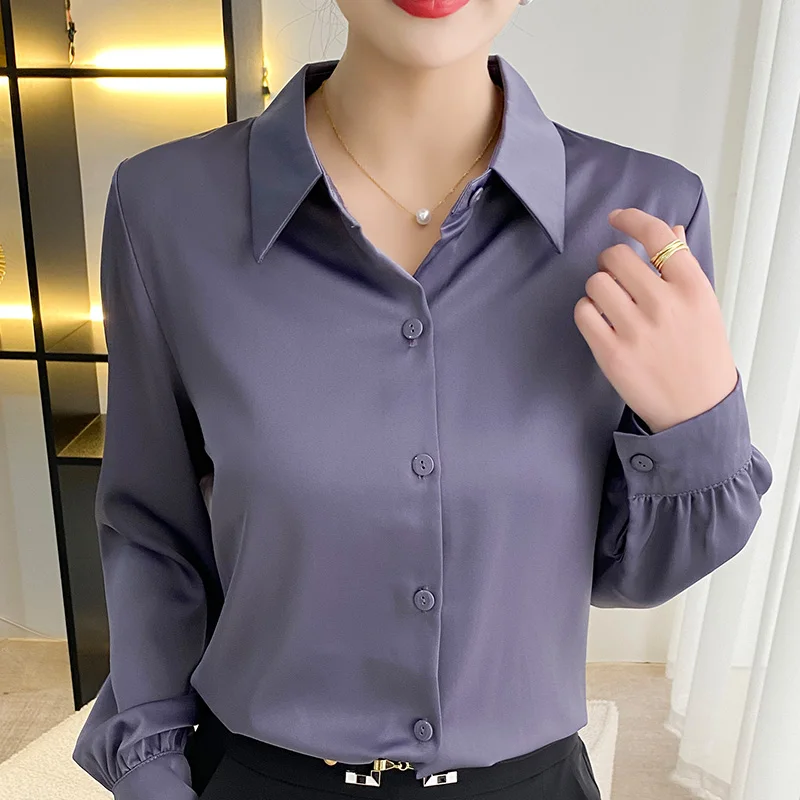 

2023 Spring and Autumn Women's Silk Cardigan POLO Collar Solid Satin Shirt Casual Suit Coat Slim Fit Jacket Summer Formal Top