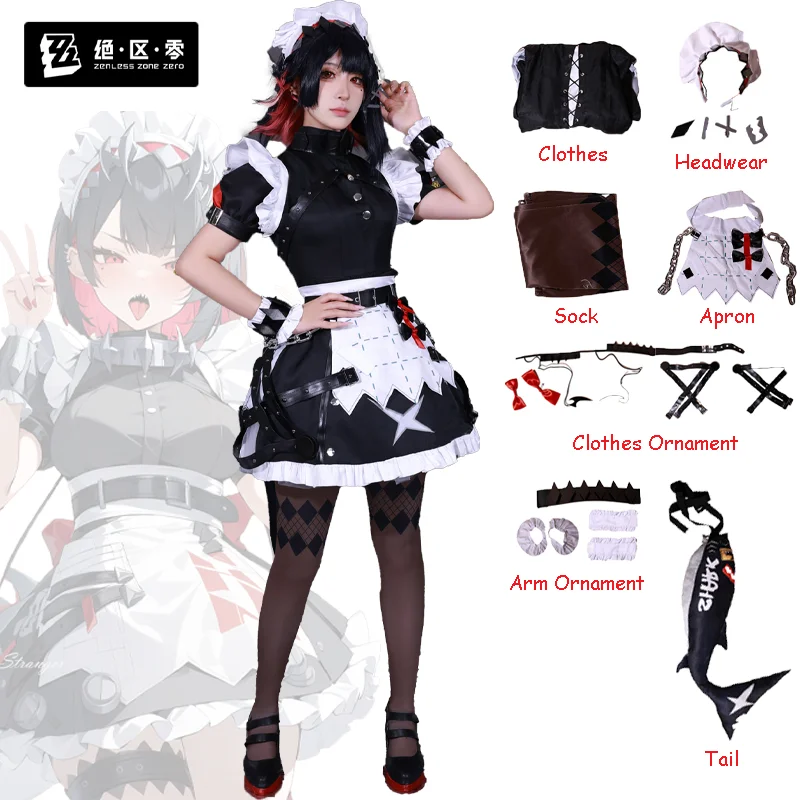 Zenless Zone Zero Ellen Joe Cosplay Costume Maid Outfit Lolita Dresses Black Tail Prop Full Set Hallowen Party for Adult Girls