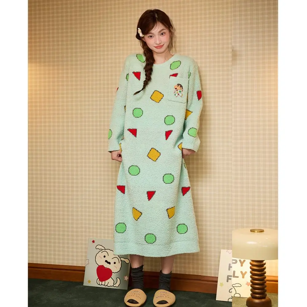 Autumn and Winter Crayon Shin-Chann Pajamas Women's Sleeping Skirt Thickened Warm Long Sleepwear Soft Comfortable Christmas Gift