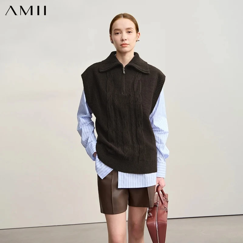 AMII Women's Sweater 2026 Winter New Minimalist Commuter Solid Versatile Loose Pullover Knitted Sleeveless Vest Women 12524121