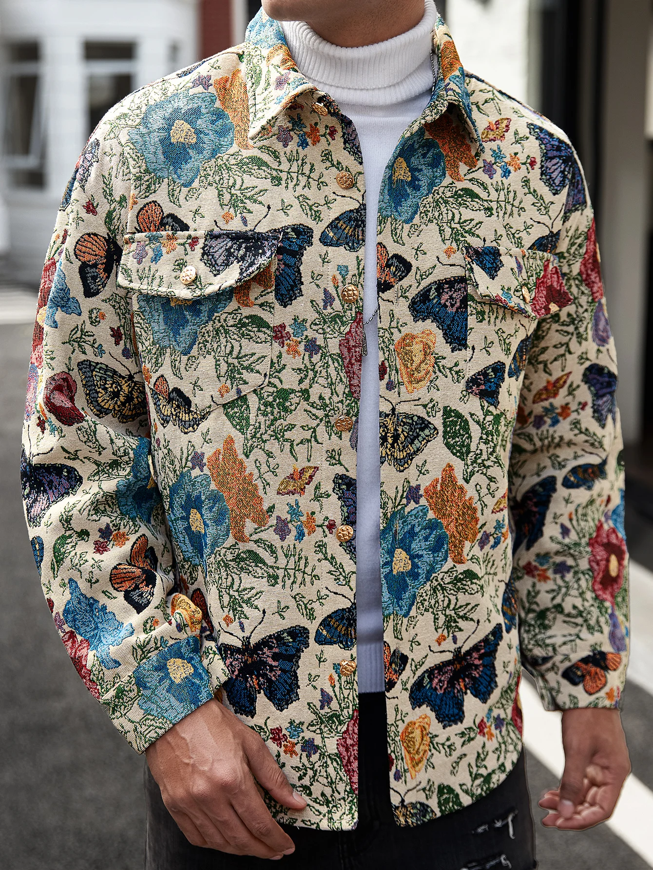 

Men's Retro Jacquard Jacket, Butterfly Floral All-Over Print Lapel Jacket, Autumn and Winter Casual Trendy Top