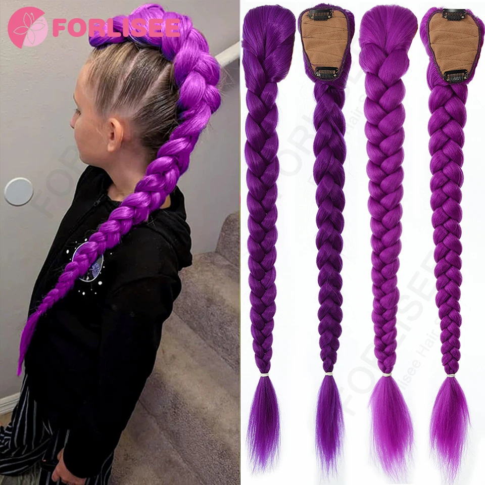 

Synthetic 26inch Braided Hair With BB Clip Style Boxer Braids Wig Women's Hair Extensions Light Reddish Purple Braided Ponytail