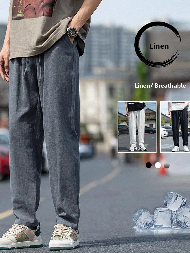 

Linen Men's Casual Pants Summer Trendy Large Size Loose Straight Leg Cotton Linen Breathable Harlan Pants Youth Vitali Sle